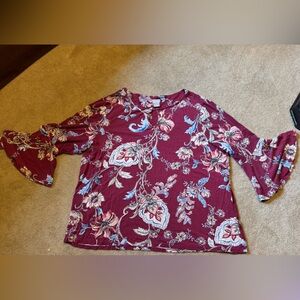 Chico's Burgundy Floral Top with Blue Accents